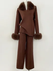 Autumn Winter New Women's Slim Fit Knit Fox Fur Collar Top Casual Pants Fashion Set Women's Two-Piece Set