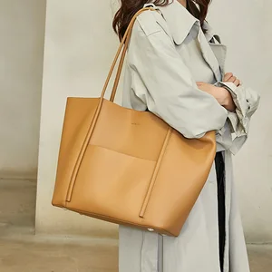 2026 A-156 Women's High-End PU Genuine Leather Niche Tote Bag Versatile Large Capacity Zipper Closure Shoulder Bags Polyester