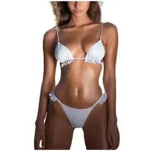 2022 New European and American Supplier Bikini Set Bras Solid Color With Bandage Split Swimsuit Wholesale Bathing Suits