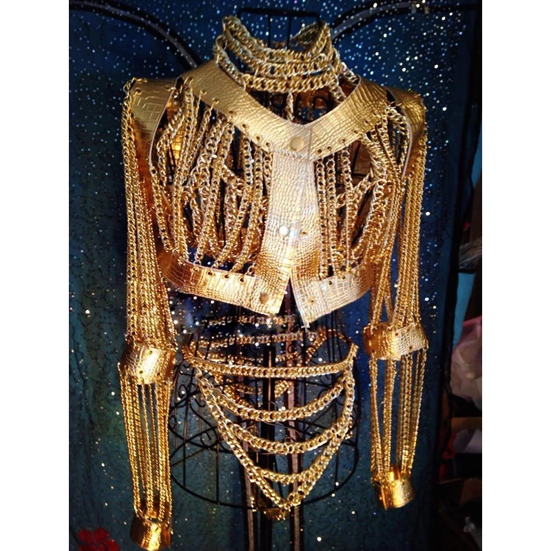 Women Sexy Gold Chains Costume Outfit Stage Performance Nightclub show Bra  Chains Short