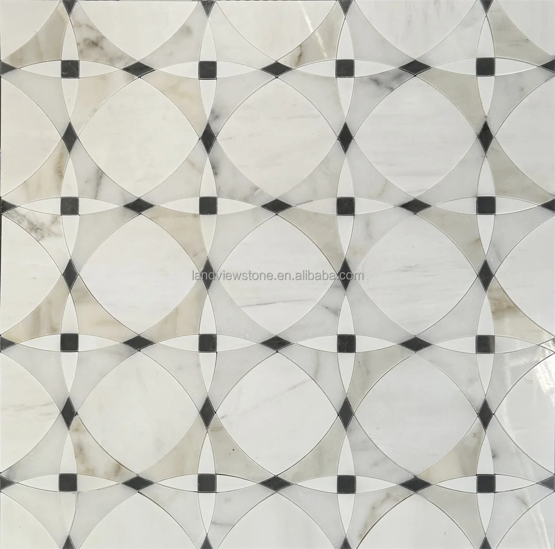 Waterjet Flower Pattern White Marble Mosaic Tile with Brass Inlay for ...