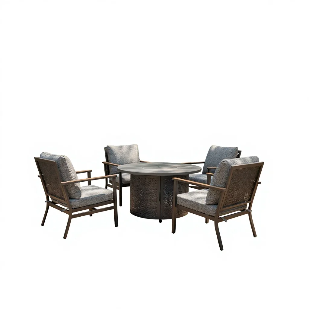 Modern Black Metal 4-Seater Outdoor Fire Pit Dining Set Wood-Accent Armrests & Plush Gray Cushions, Perfect for Patio Gatherings