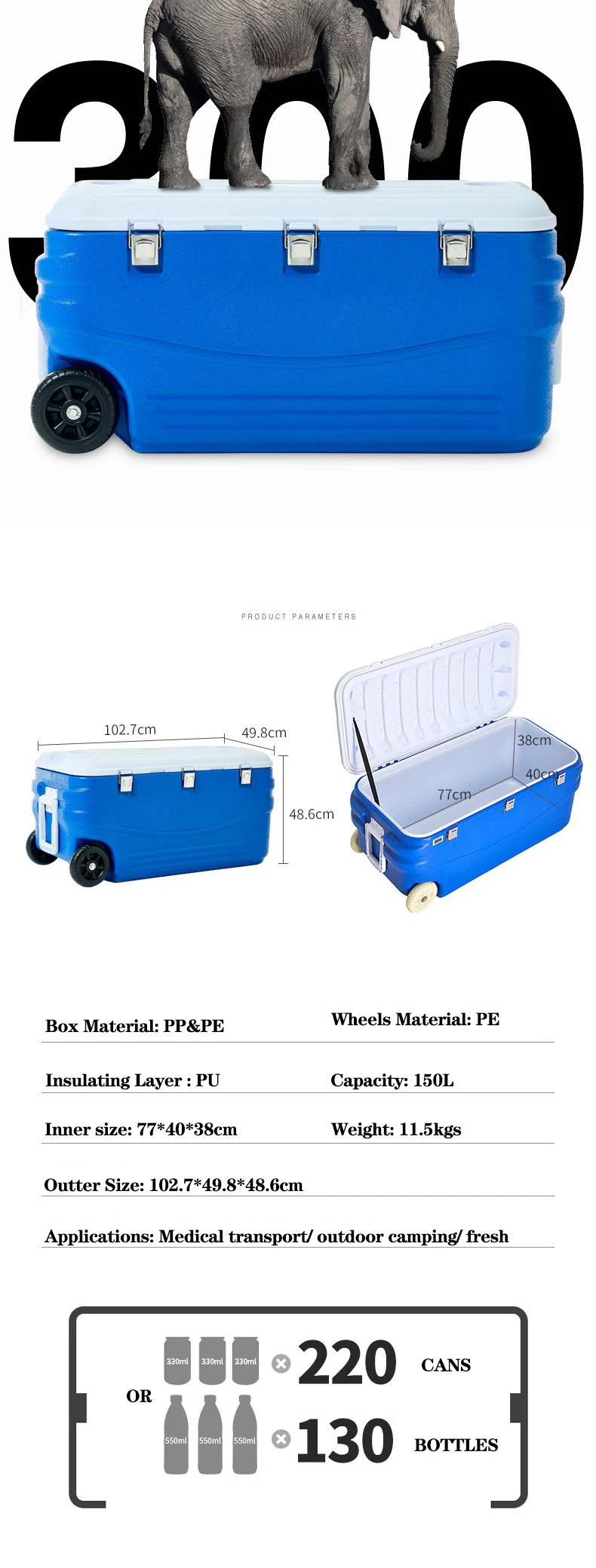 Plastic Ice Insulated 120L Large Fishing Cooler Box With Wheels