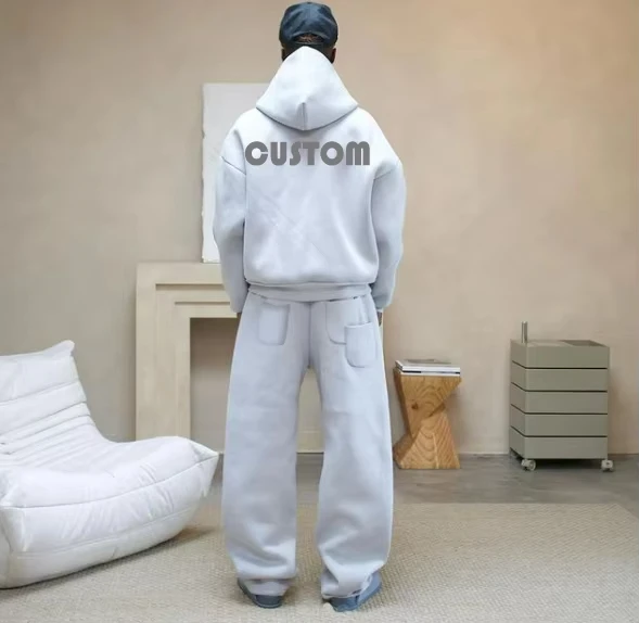 Custom Mens Tracksuit Flared Sweatsuit Sets 300-500gsm 100% Cotton Baggy Fleece Oversized Hoodie Jogger Set Tracksuit for Men details