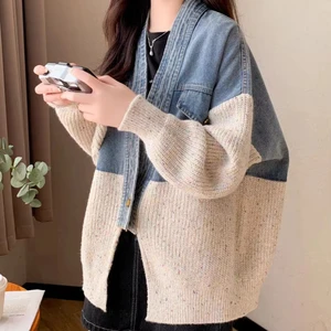 Viviblook Z1229TP01 Women Denim Spliced Sweater Jacket New Loose Knit  Single Button Knitted Cardigan Coat Outerwear