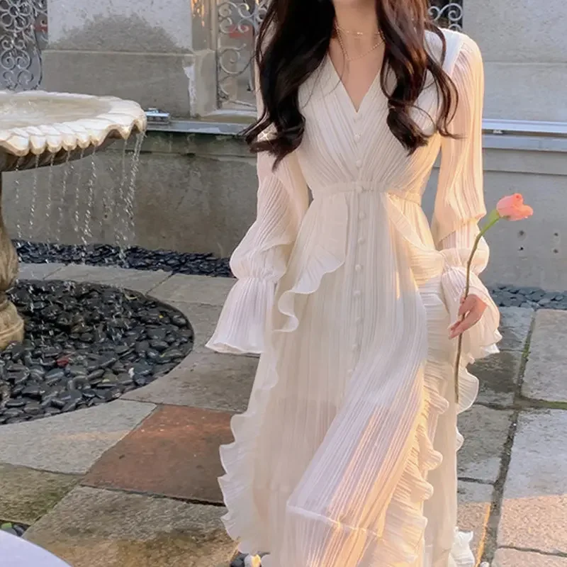 korean layered dress Customized Pleated Ruffle Chiffon Women Elegant v Neck Long Sleeve Double Layer Large Swing Maxi Casual Dresses global-primary_colour-Green