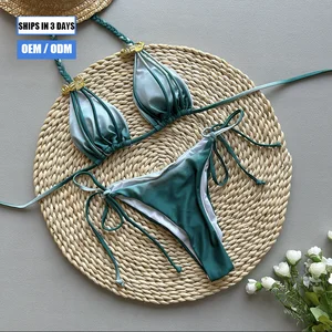 2026 Customizable Women's Metallic Glitter Mini Triangle Tie Side Swimsuit Bikini Set Push-up Thong Private Label Logo