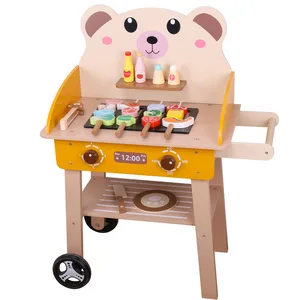 Kids Wooden BBQ Grill Toy Set with Skewers and Cart for Interactive Pretend Play Cooking Fun and Educational Role Play