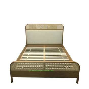 OEM ODM Factory Customized double king size design mattress Rattan headboard Modern Upholstered solid wood Bed