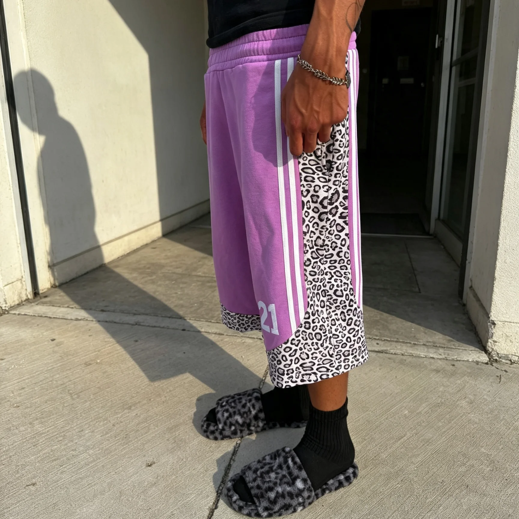 Made to Order Custom Vintage Washed Leopard Print Side Panel Shorts Double Stripe Letter Embroidered Wide Leg Sweat Shorts gallery 2