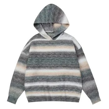 Men's Casual Gradient Striped Hooded Sweater for Fall Winter Knitted Polyester Anti-Shrink Jacquard Decoration