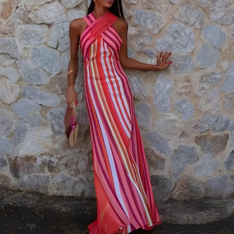 Coral Pink Striped Halter Cross-back Maxi Dress Sleeveless Bodycon Fit Lightweight Vibrant Vertical Stripes Dresses For Women