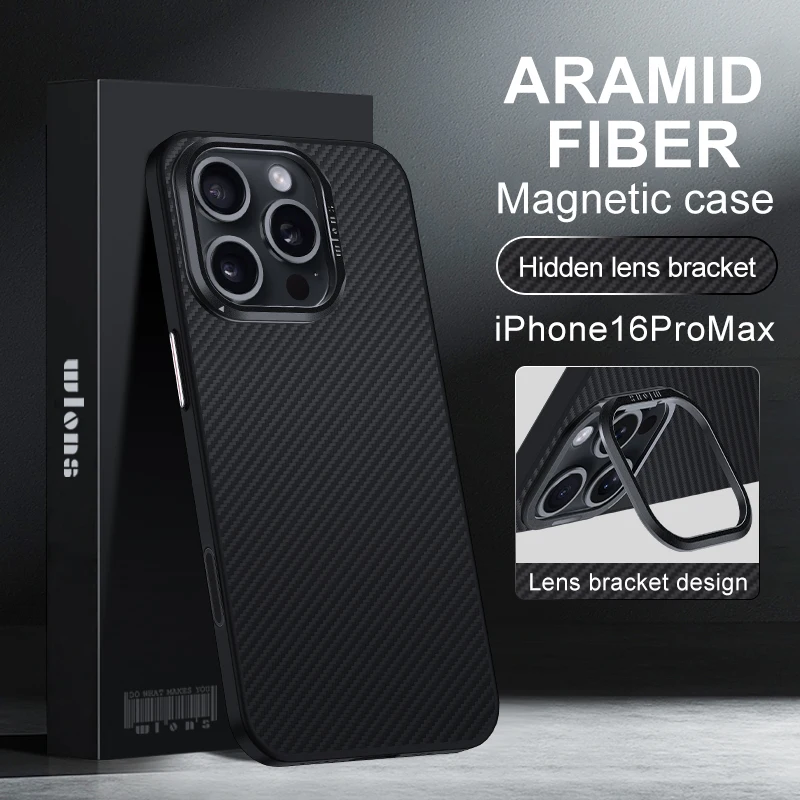 Étui de protection en fibre d'aramide Laudtec pour iPhone 16 Pro Max, coque arrière magnétique antichoc avec cadre de caméra et support Sjk991