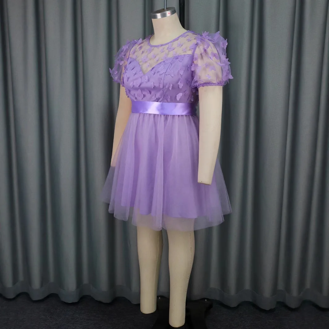 China Factory Plus Size High Quality Short Dress Puff Sleeve Graduation  Dresses for Ladies Sexy Mesh Dress Women