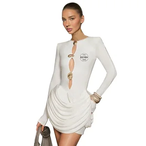 2026 Spring Trendy Mini Dress Cross-border New Women Crewneck Anti-Static High Waist Hollow Long Sleeve Custom Hip Dress