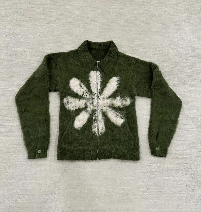 Custom Unisex Screen Print Logo Brushed Mohair Wool Jacquard Fuzzy Knitted Zip up Polo Jacket Fuzzy Mohair Blend Sweater for Men gallery 8