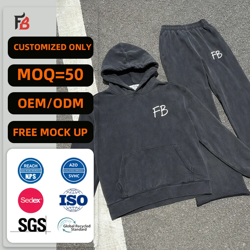 Manufacture Custom Embroidery Hoodie Blank Flare and Washed Sweatpants and Hoodie Set