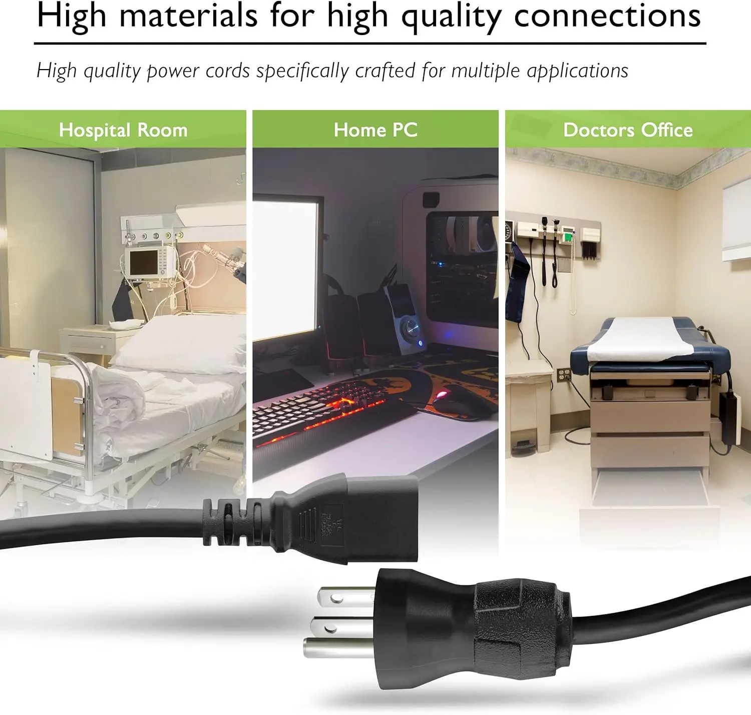 Hospital Power Socket 8ft SJT 18AWG USA Hospital Grade Nema 5-15P to C13 Plug Green Dot Power ...