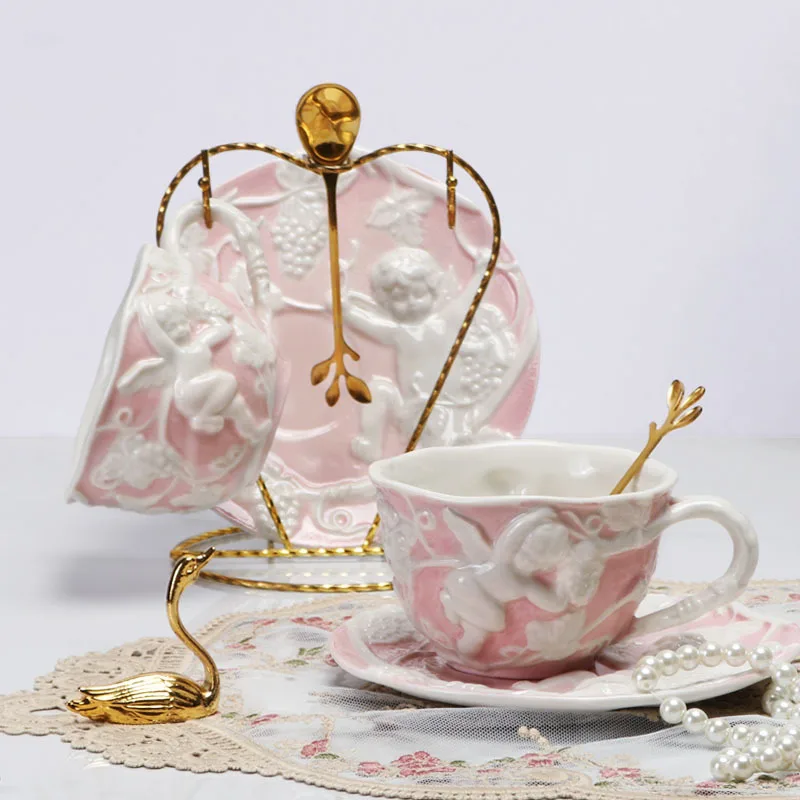 British 220ml Wholesale Angel Embossed Ceramic Coffee Cup With Saucer Vintage Britain Irregular Porcelain Coffee Mug Plate