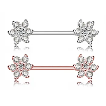New Sexy Clear Zircon Flower Chest Piercing For Women Barbell 316L Stainless Steel Nipple Pircing Jewelry
