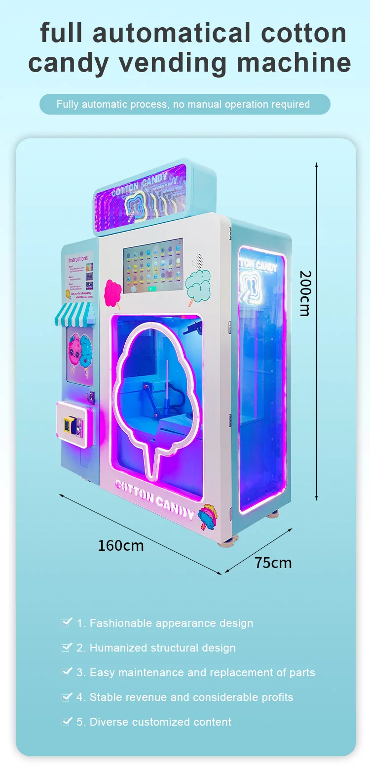 Coin Operated Cotton Candy Vending Machine Full Automatic Electric
