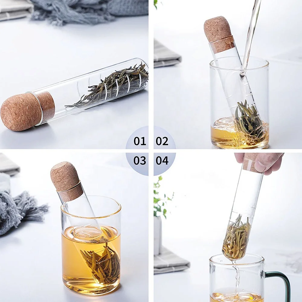Latest Design Tube Shape Borosilicate Glass Tea Infuser Strainer with Cork Lid
