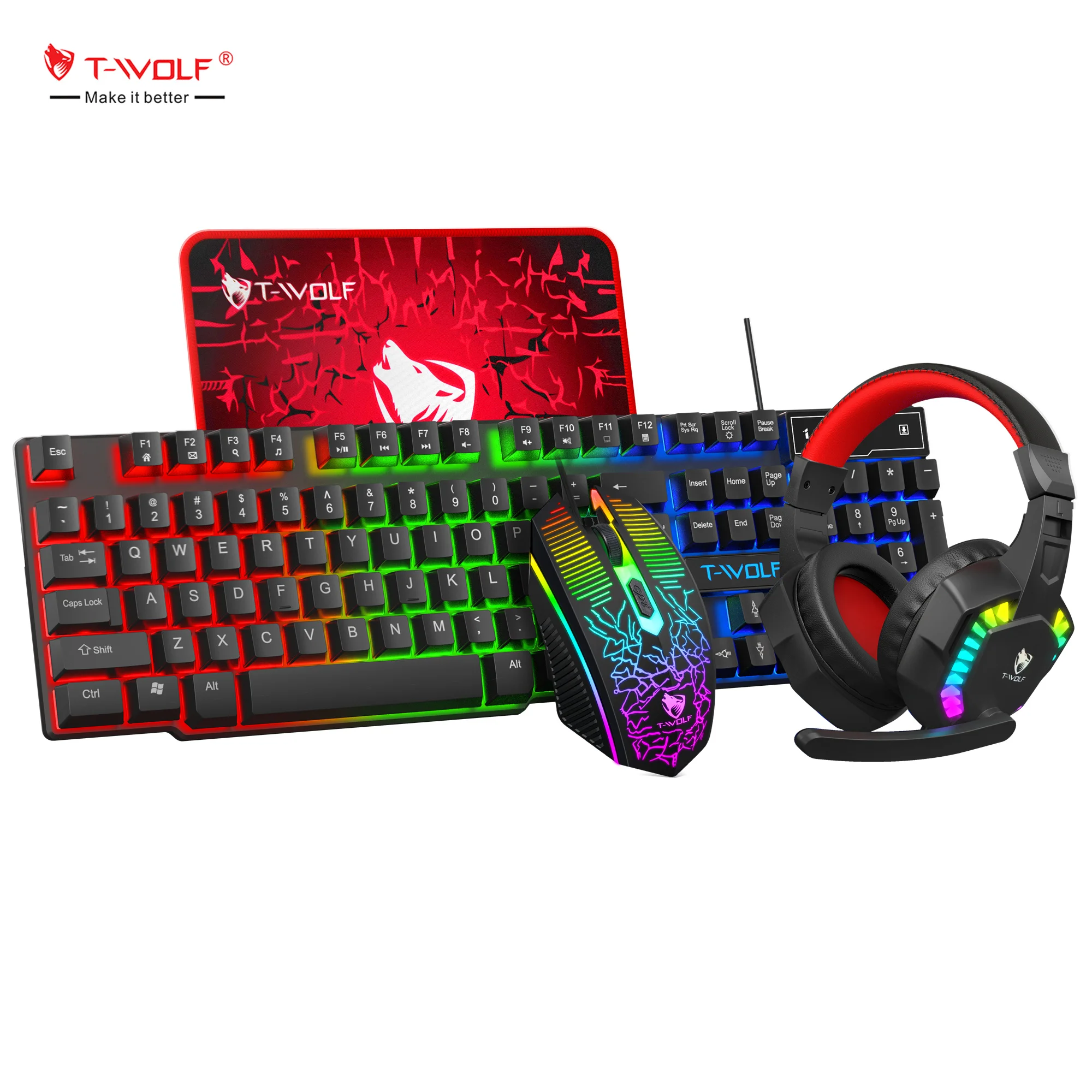 T-WOLF TF810 4-in-1 Wired Gaming Keyboard, Mouse, Headset