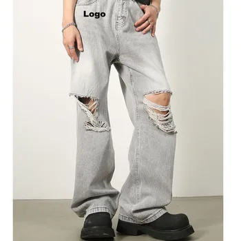Customized Design Denim 100% Cotton Washed Straight Wide Leg Plus Size Mens Jeans with Hole