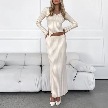 Custom Hot Sale Women's Knitted Suit V-Neck Irregular Long Sleeve Top Midi Skirt Sexy 2 Piece Sets for Women