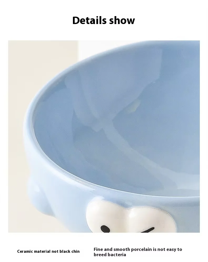 Creative Cute Expression Eco-Friendly Tall Ceramic Pet Bowl Comfortable Rounded Cat/Dog Feeding Spine Protection Slant Solid details