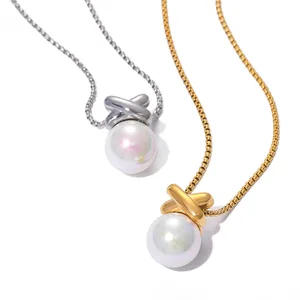 Best Selling Summer Hot Stainless Steel Gold Plated Minimalist Colorful Large Pearl Pendant Necklace for Women