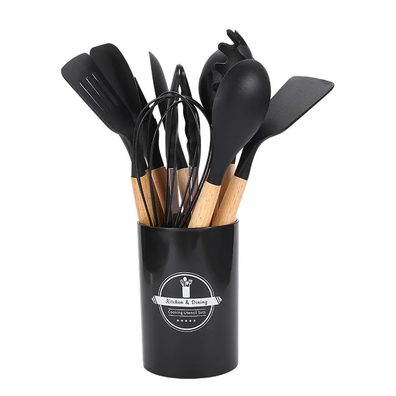 Reasonable Price 12 in One Silicone Kitchenware Products Non-Stick Heat Resistant Kitchen Utensils Set With Wooden Handle