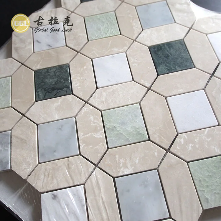 New Beige Marble Nature Stone with Green Marble Octagon Mosaic Tile for Decor