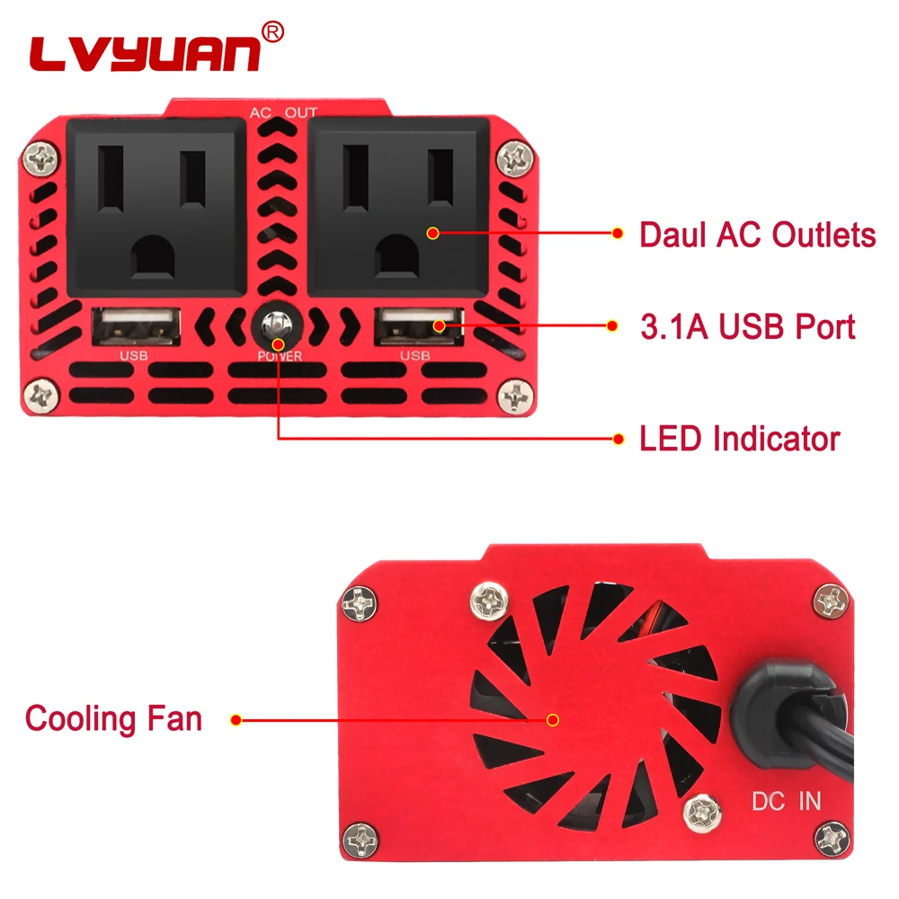 LVYUAN 150W Power Inverter DC 12V to 110V AC Converter with 3.1A Dual USB  Car