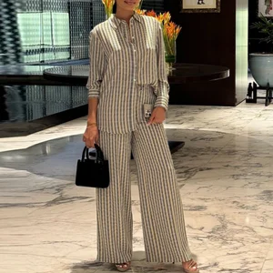 SH1879 Autumn Fashion Women Clothes Two Piece Set Printed Long Sleeve Cardigan Shirt and Straight Pant 2 Piece Set