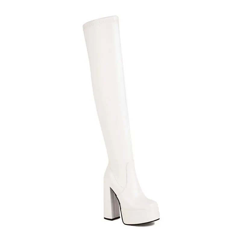 Chunky Heel Waterproof Platform Leather Zipper Red Sexy Women Elastic Over The Knee High Boots - Image 2