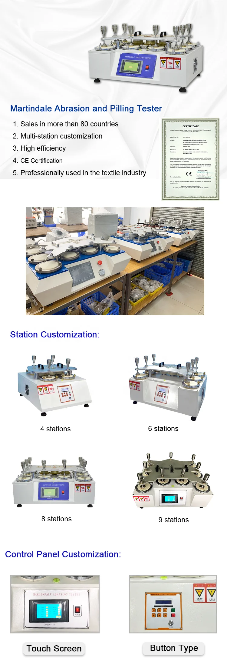 Electronic Martindale Abrasion Tester with 4, 6 or 9 Working Positions and 220V 50Hz Power Supply