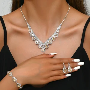 Custom Fashion Jewelry Sets Luxury Waterdrop V-shaped Elegant Diamond Pendant Necklace Copper Earrings Necklaces for Women Set