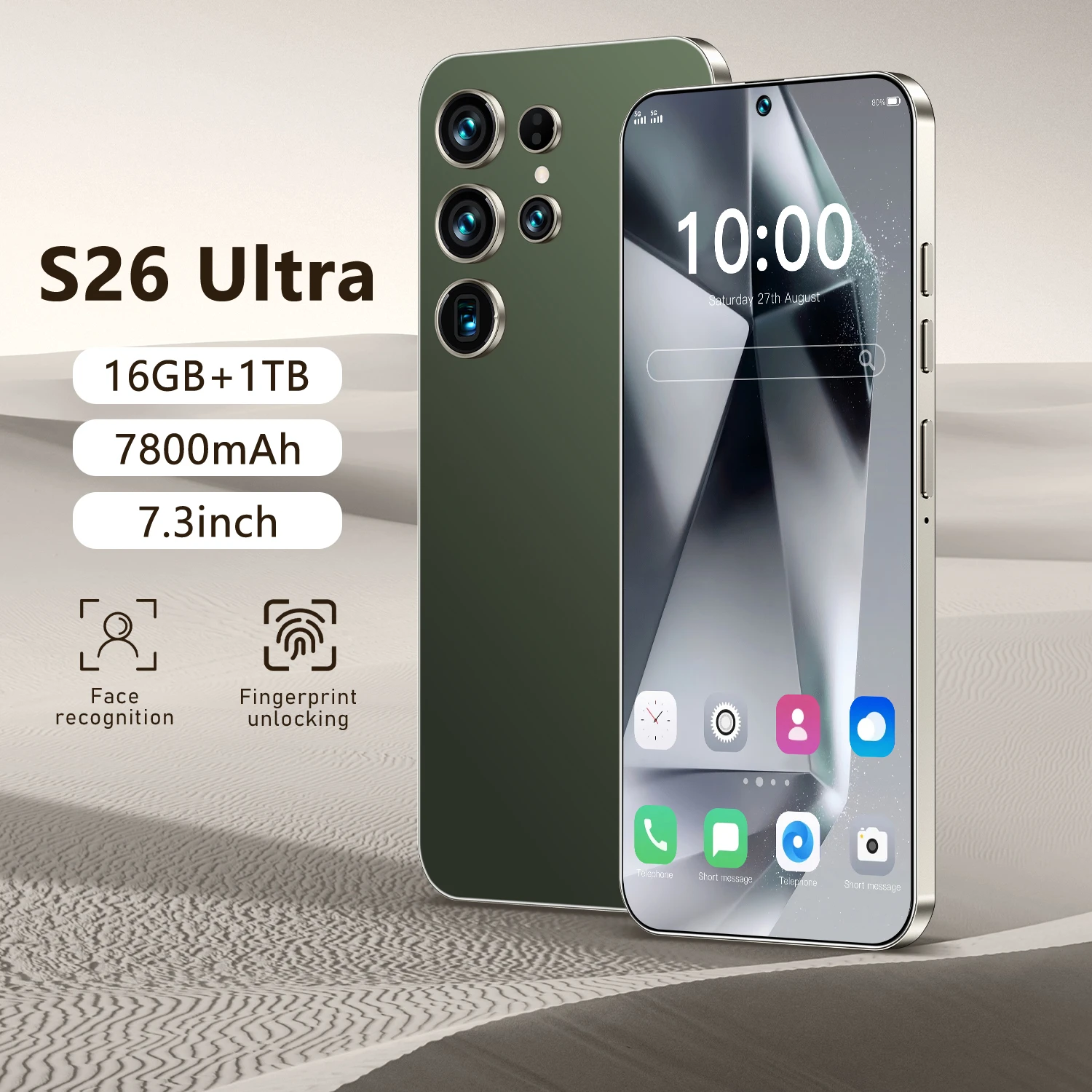 Smartphone S26 Ultra 5G, telefono sbloccato con 16GB di RAM 1TB di ROM, Android 14.0, fotocamera con zoom da 72/108 MP, display HD da 7,3, batteria a lunga durata da 8000mAh,Desert Gold-1TB