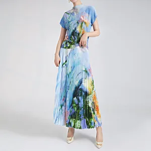 Wholesale Women Two-Piece Set Elegant High Waist 100% Polyester Midi Skirt Casual Pleated Skirt Set