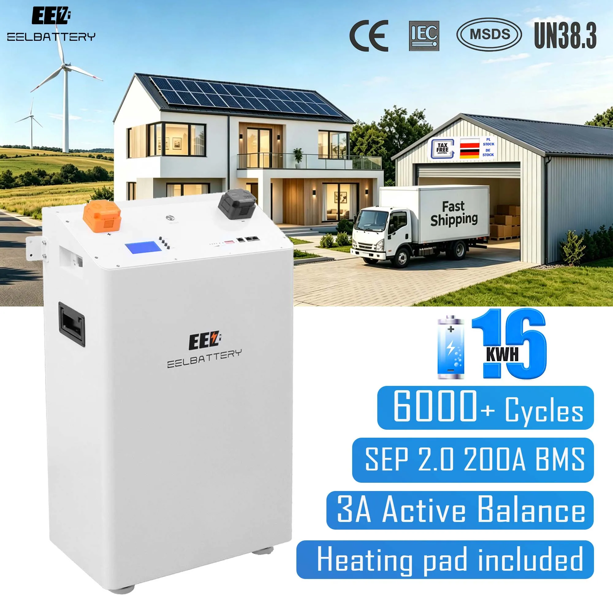 EU Stock EEL 51.2V 280 314Ah Vertical Battery Standing Lifepo4 15 16KWh Lithium iron phosphate Pack for Home Solar Energy system