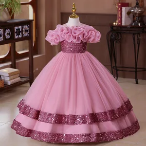 MQATZ Kids Ball Gown for 10-Year-Old Flower Girls Long-Sleeved with Sequin Embroidery Mesh Layering O-Neck Wedding Party Pattern