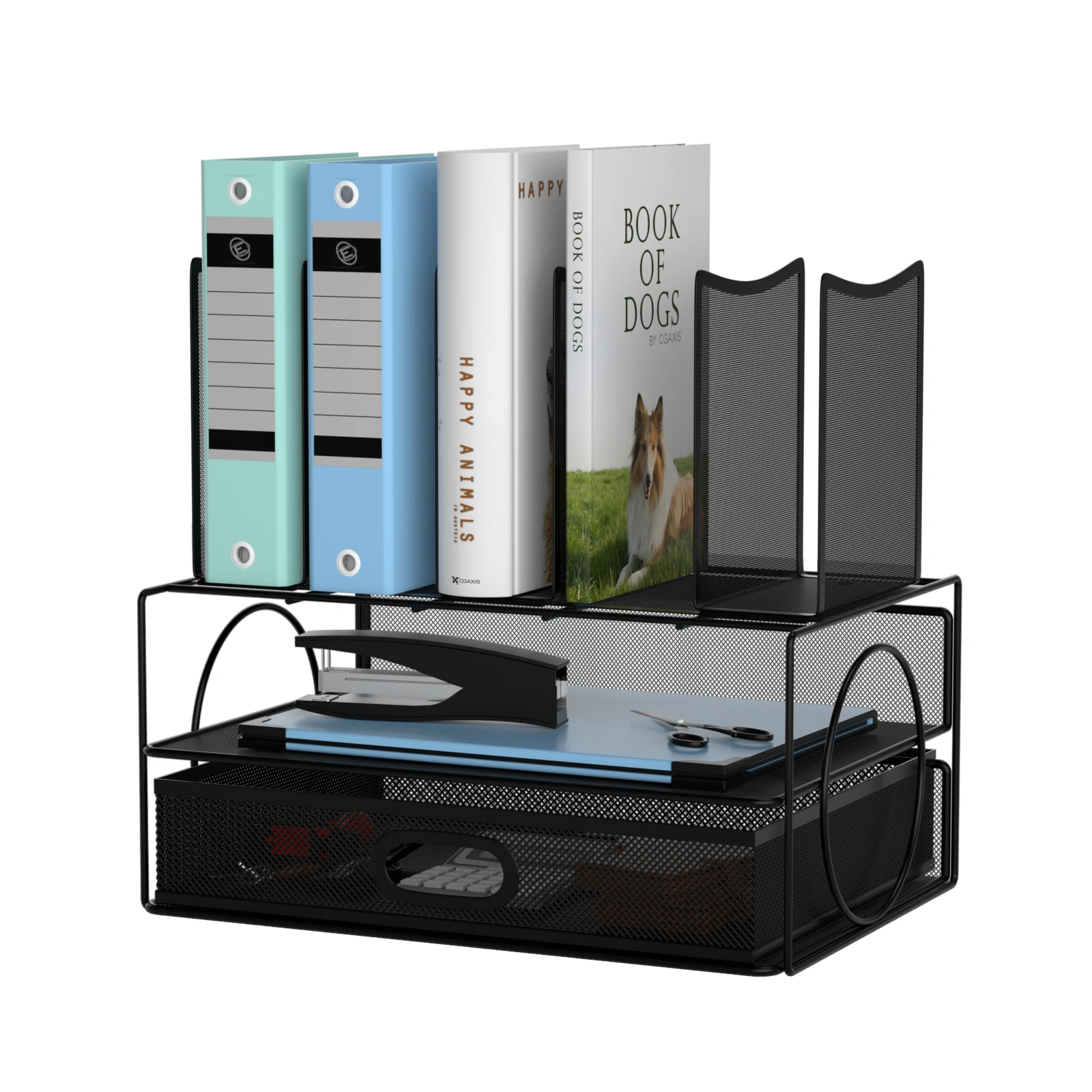 Новый складной органайзер для офиса и дома, легкая сборка, металлический черный сетчатый стол с раздвижным ящиком, двойной поднос и 5 вертикальными секциями