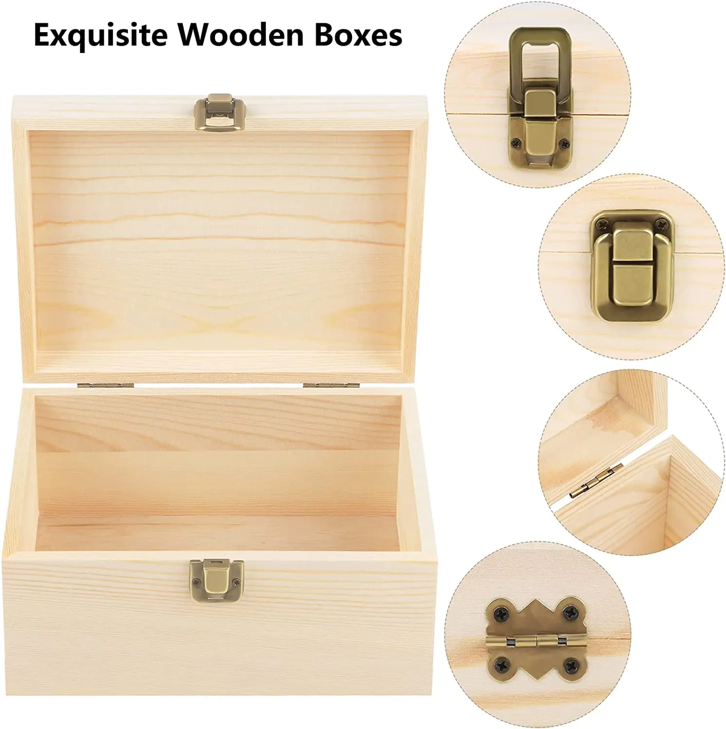 Packs Large Unfinished Pine Wood Jewelry Treasure Boxes With Hinged Lid