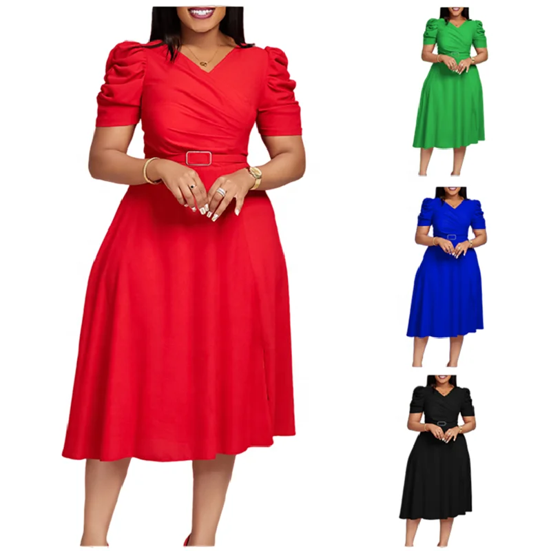 D490 Latest Design Elegant Summer Dress for Women Short Sleeve V-neck  Ruched A-line Ladies Office Dresses Women Casual Dresses