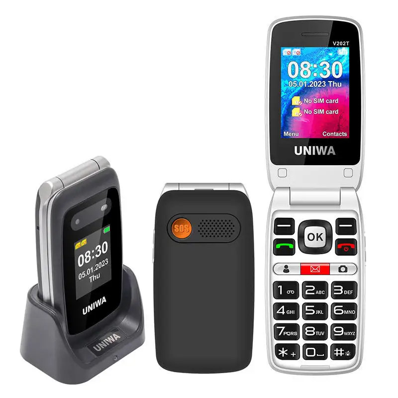 UNIWA V202 Dual Screen Flip Senior Push-Button Mobile Phone Feature SOS Cellphone Cell Phone Russian Keyboard Key Phone