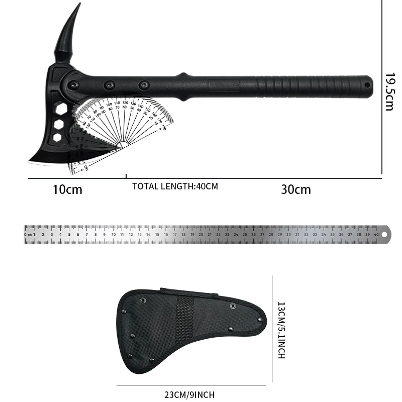 Hache de survie tactique d'extérieur - Design noir intégral - Poignée antidérapante - Lame unique - Étui en nylon - Idéale pour la survie, le camping et la chasse_voghion.com