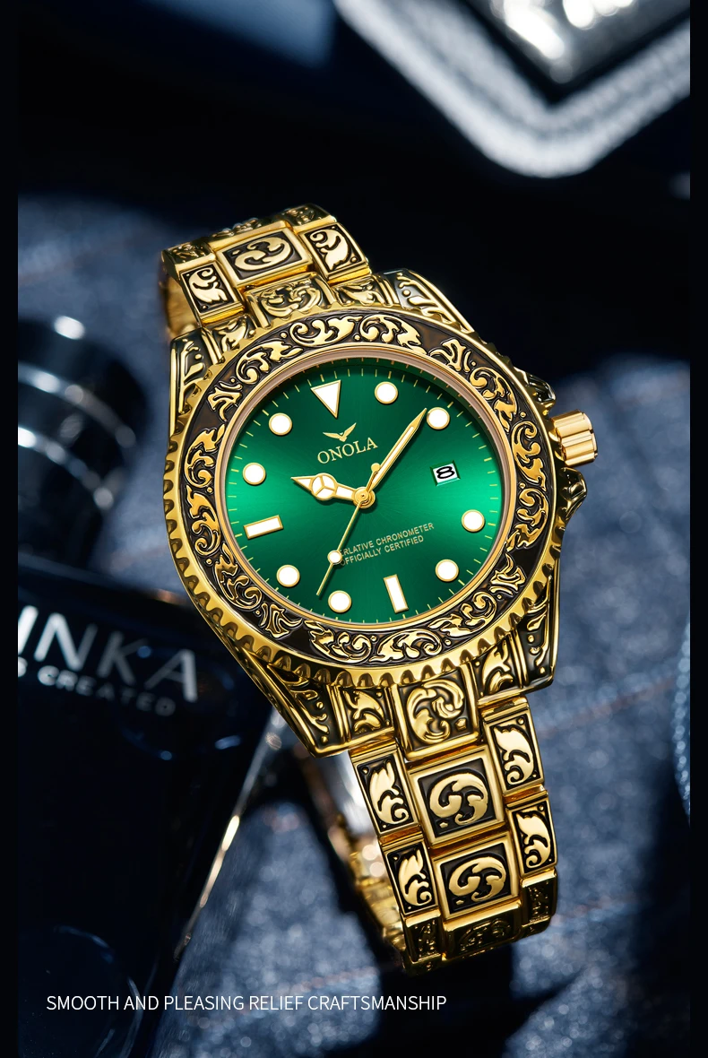 ONOLA 3830 44mm Automatic Mens Quartz Watches Gold Watch for Men Waterproof Luxury Arabic Wrist Watches