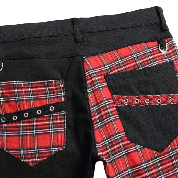 Custom New 2024 Fashion Stitching Color Matching Black Men's Jeans Red Plaid Stitching Non-elastic Jeans Pants details