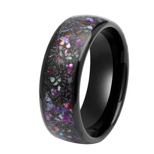 Galaxy Series Shell Tungsten Ring 8mm Dome Ring Multi-color Crushed Abalone Shell and Black Sand Tungsten Wedding Bands for Men